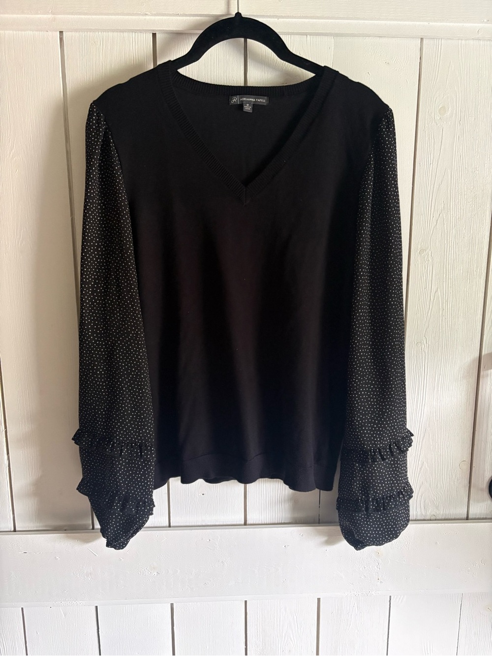 Adrianna Papell Black V-Neck Pullover with Polka-Dot Chiffon Sleeves